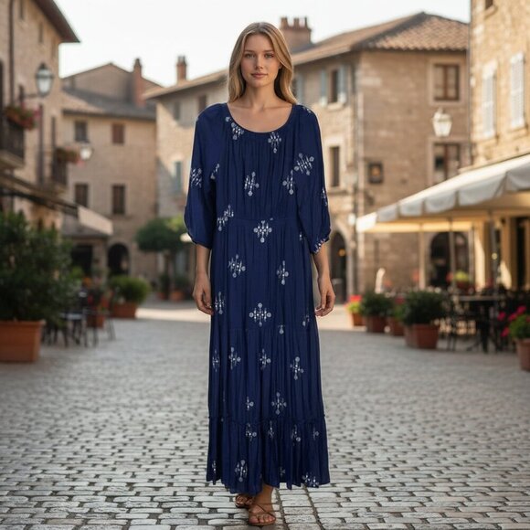 Blue Maxi Dress Embroidered Cottagecore Small - Picture 1 of 12